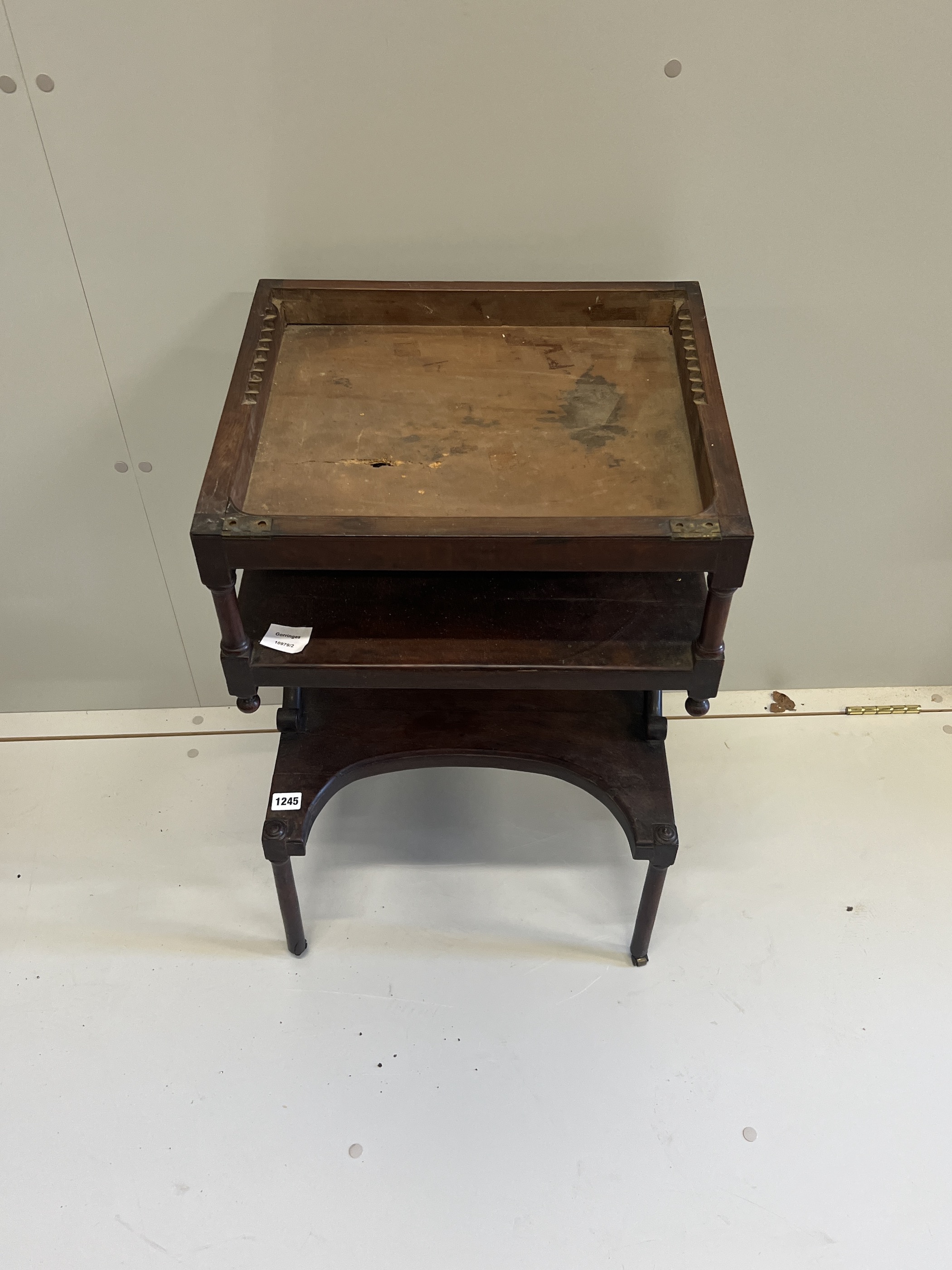 An 18th century yew wood reading / writing table (incomplete), width 44cm, depth 38cm, height 71cm
